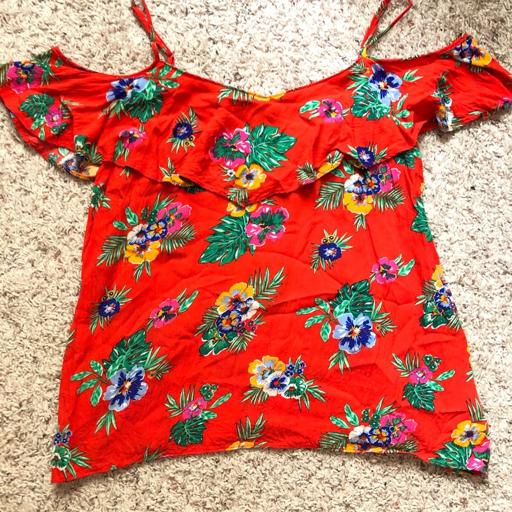 Red/orange floral cold shoulder top